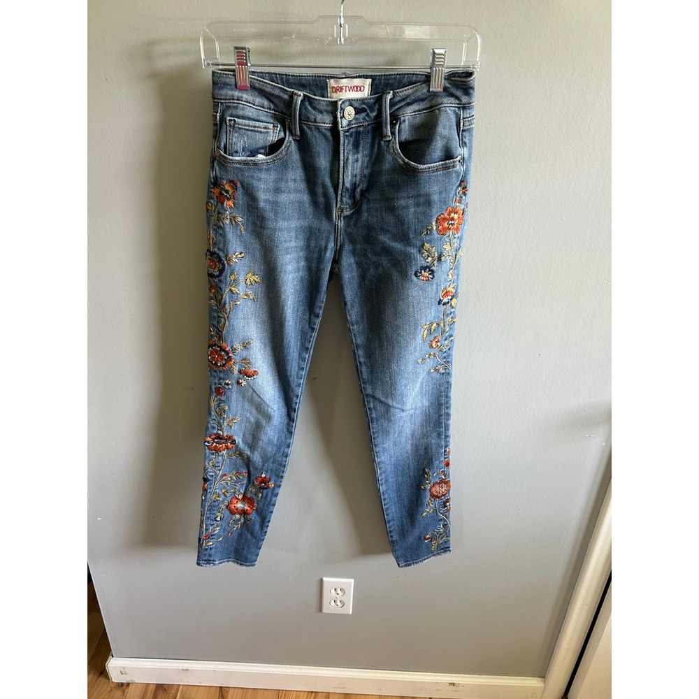 Driftwood Jackie Floral Embroidered Skinny Jeans Medium Wash Blue W26 L28 - Picture 2 of 3
